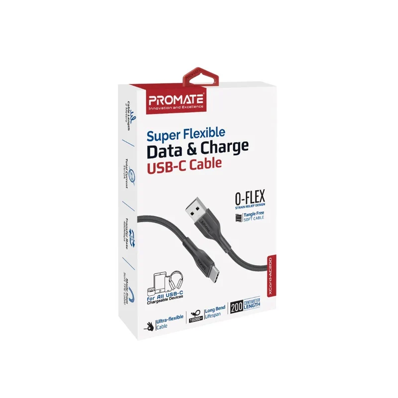 Promate XCord-AC200 Super-Flexible USB-A to USB-C Cable 2m (Black)