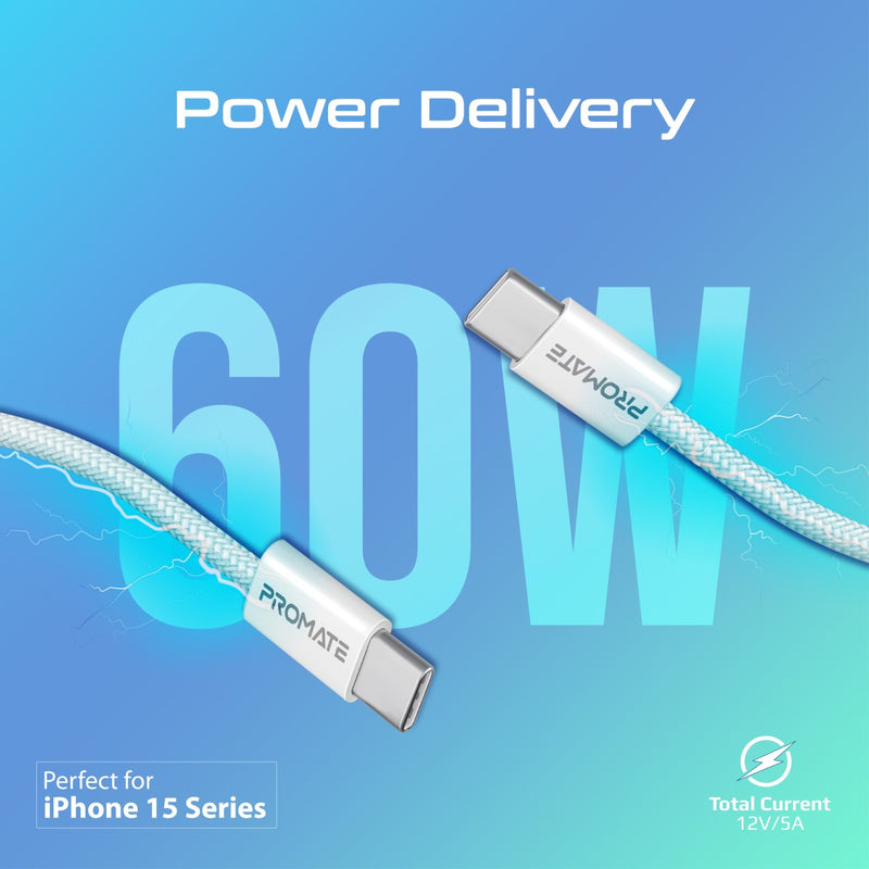 Promate EcoLine-CC120 60W PD USB-C Fabric Braided Cable 1.2m (White)