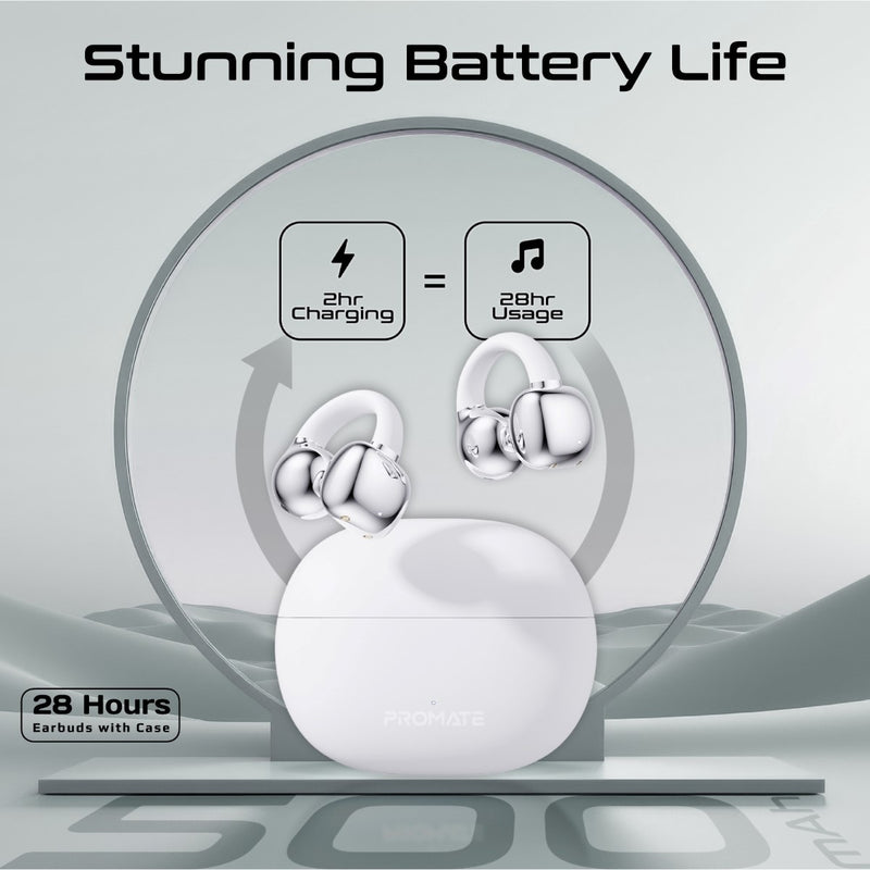 Promate Earbuds AudioFit™ Open Ear Clip On TWS w/ IntelliTouch (White)