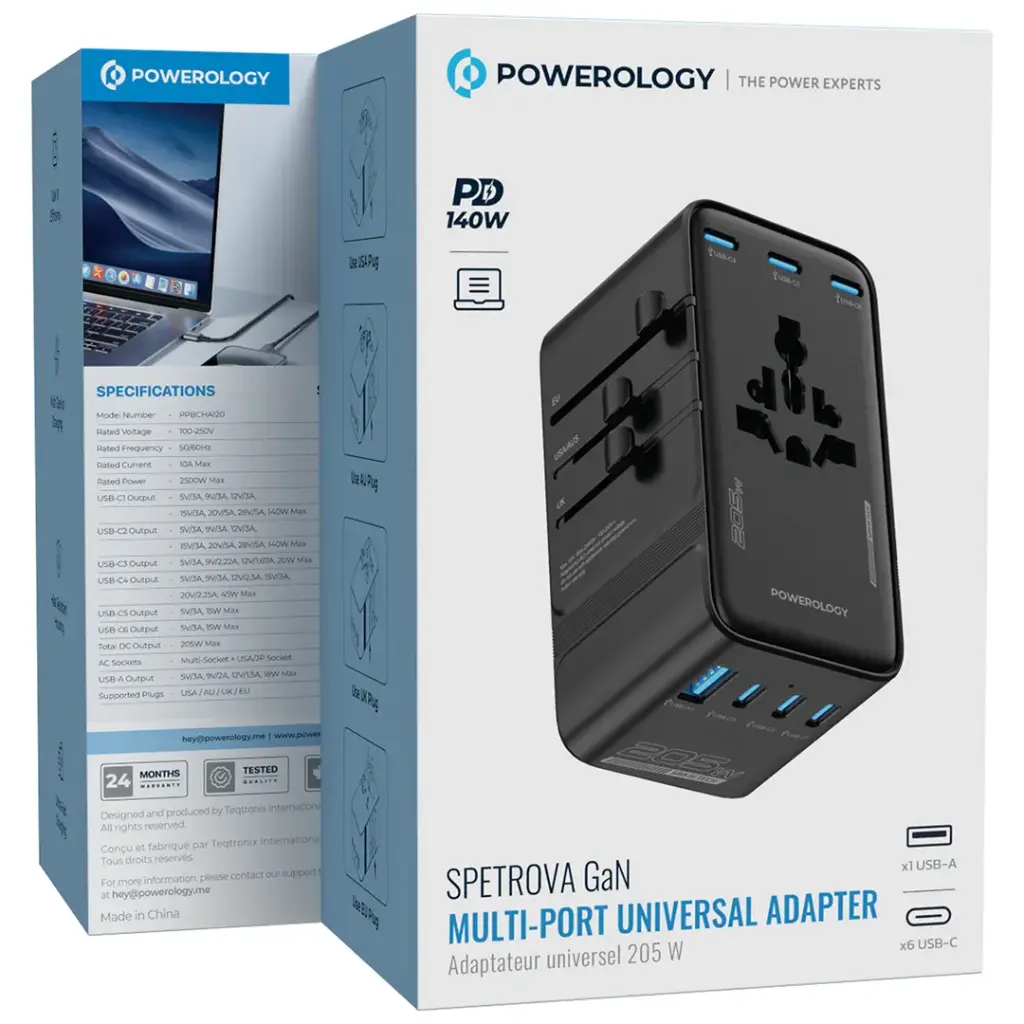 Powerology Spetrova GaN Multi-Port Universal Adapter (Black)