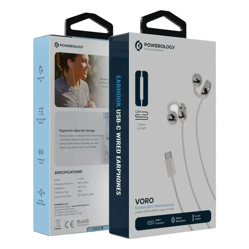 Powerology Voro Earhook USB-C Wired Earphones (White)