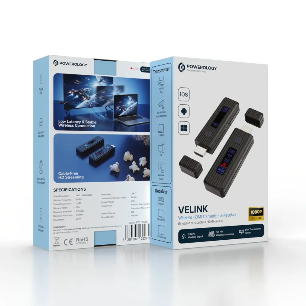 Powerology VELINK Wireless HDMI Transmitter & Receiver (Black)