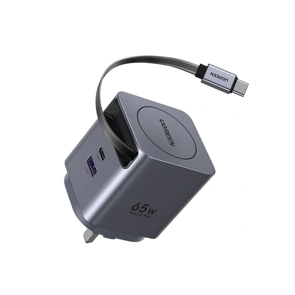 UGREEN 65W 2-Port GaN Fast Charger with Retractable Cable (Space Gray)