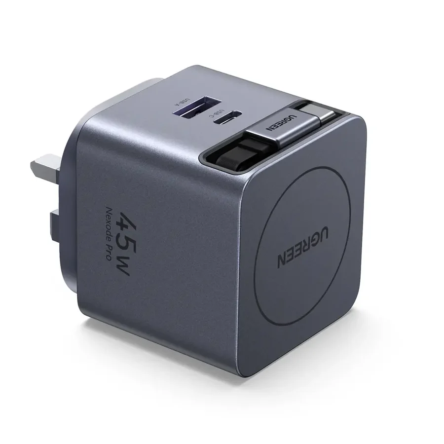 UGREEN 45W 2-Port GaN Fast Charger with Retractable Cable (Space Gray)