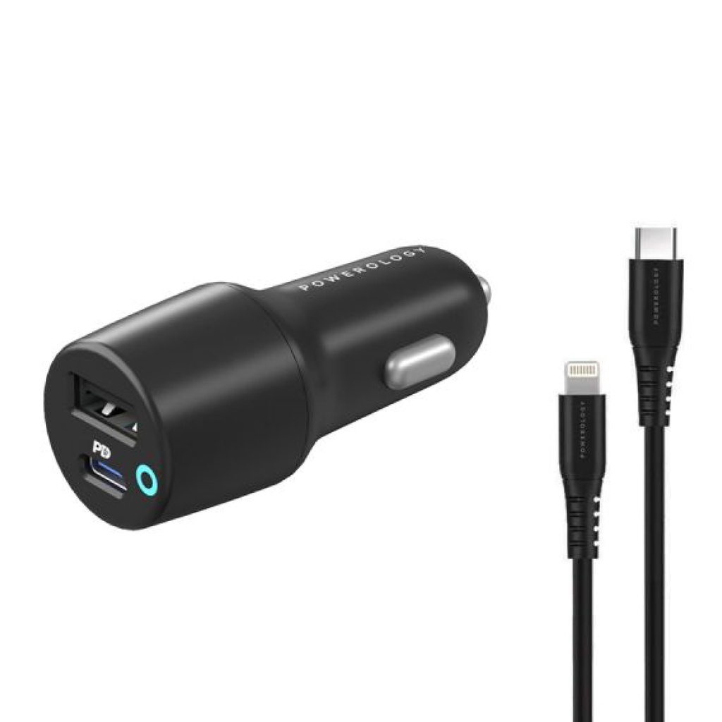Powerology 32W Dual Port LED Car Charger with USB-C to Lightning Cable (0.9m/3ft)