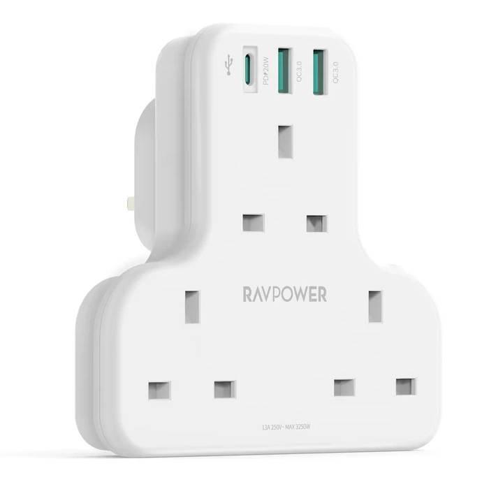 RAVPower PD Pioneer 20W 3 port charger White UK Version with 3 AC plug