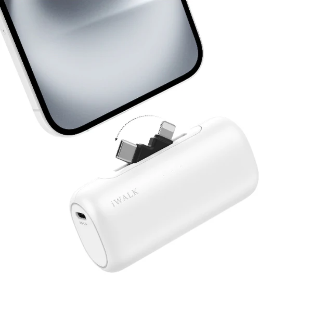 iWalk LinkPod Switch | 5000mAh, USB-C & Lightning two Plug to Switch Freely, Two-Way 15W PD fast Charging (White)
