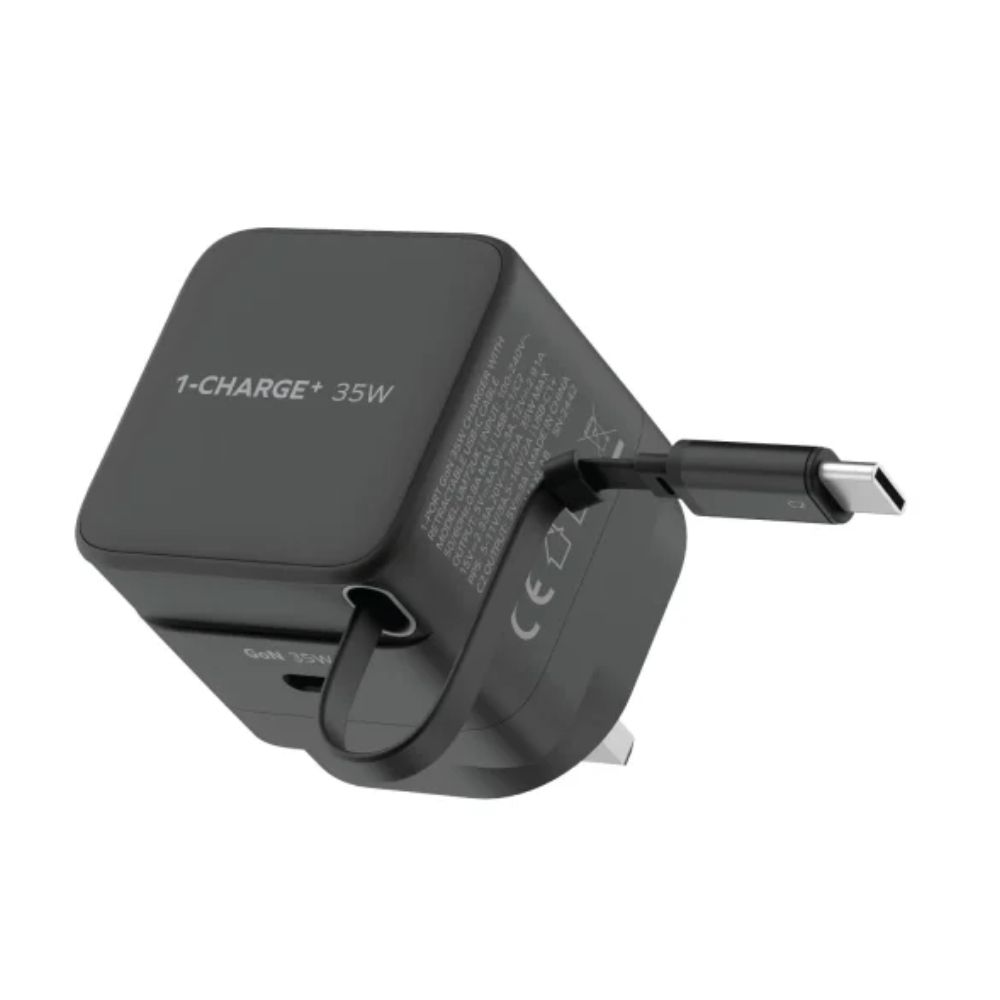 Momax 1-Charge+ 1-Port GaN 35W charger with Retractable USB-C Cable (Black)