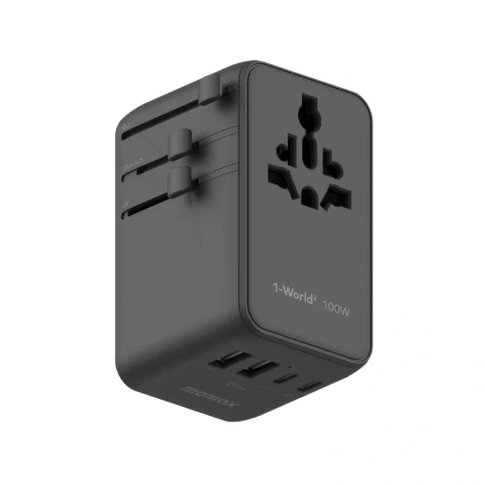 موماكس محول سفر 100 واط و 4 منافذ يو اس بي سي + منفذين كهرباء لون اسود 