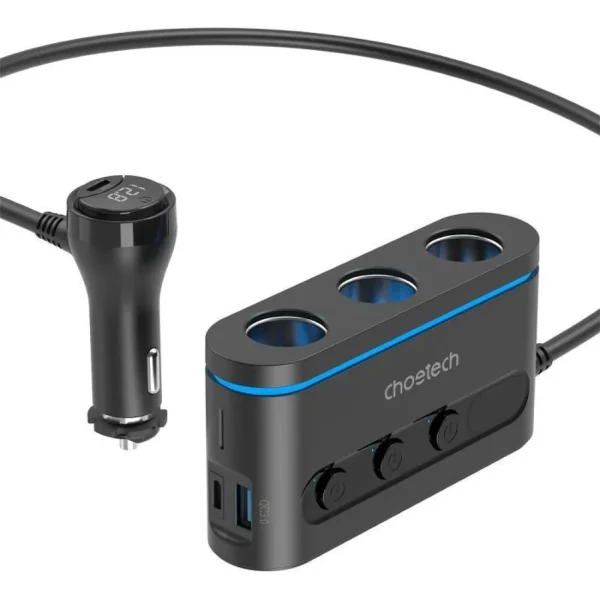 Choetech 3-in-1 Car Cigarette Lighter Charger (Black)