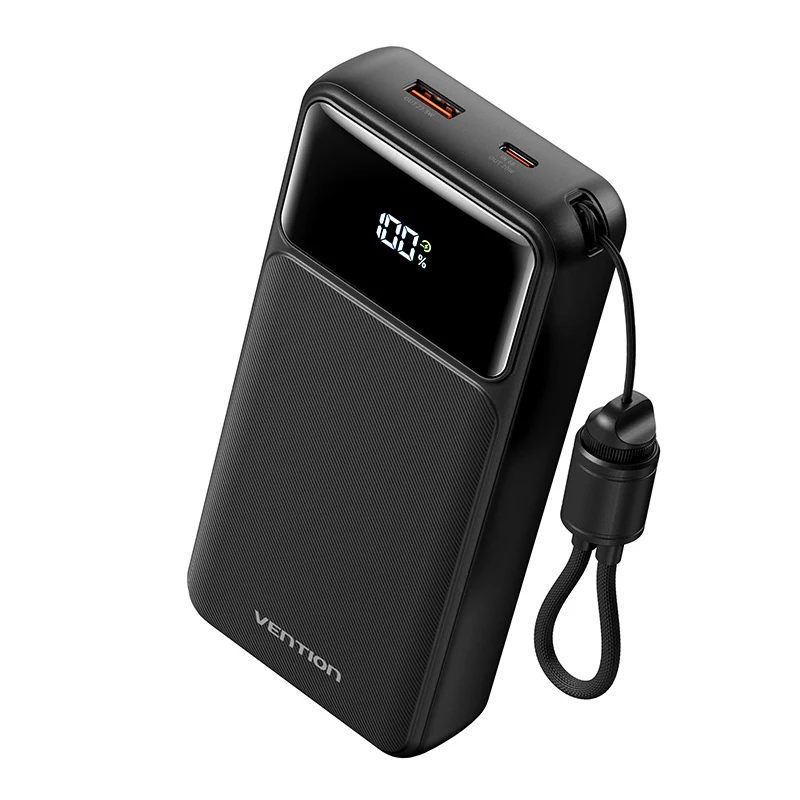 Vention Power Bank 20000mAh with Built-in USB-C and Lightning Cables (Black)