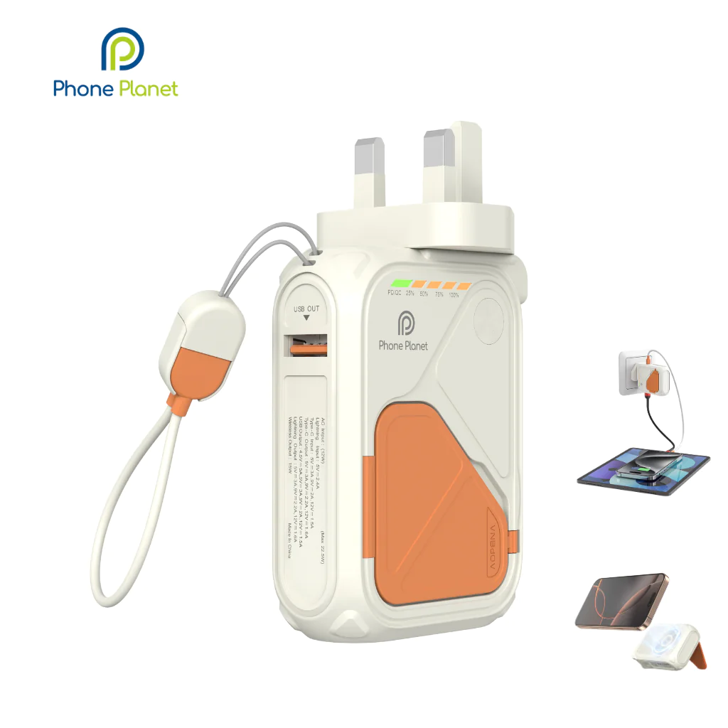 Phone Planet 10 IN 1 Magnetic Power Bank 10000mAh with Built-In Phone Stand (White)