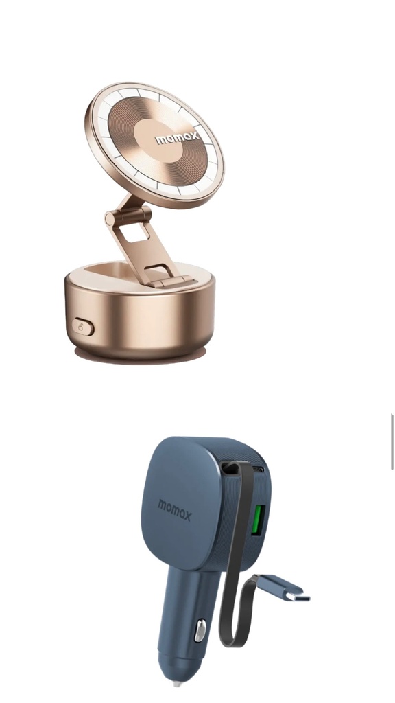 RFD Momax Car Charger with Built-in Retractable cable and Auto Suction Magnetic Phone Stand 