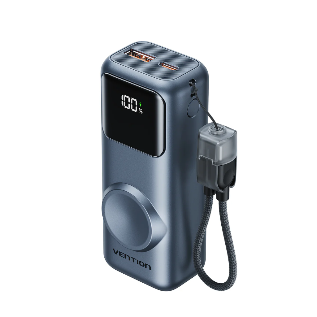 Vention Mini 10000mAh Power Bank (USB-C + USB-A) with Built-in USB-C Cable & Apple Watch Charging 22.5W (Gray)