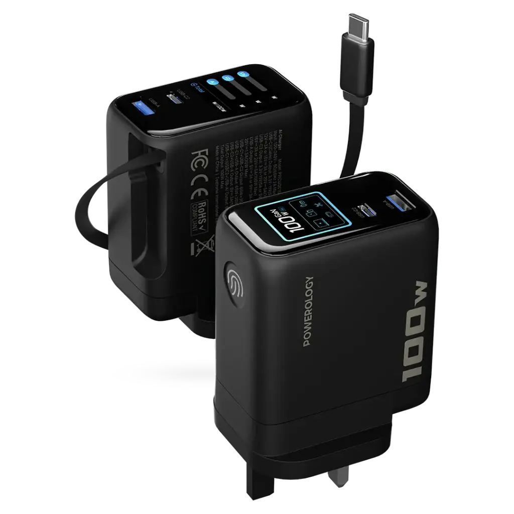 Powerology 100W TFT Adapter Retractable Type-C Cable-  (Black)