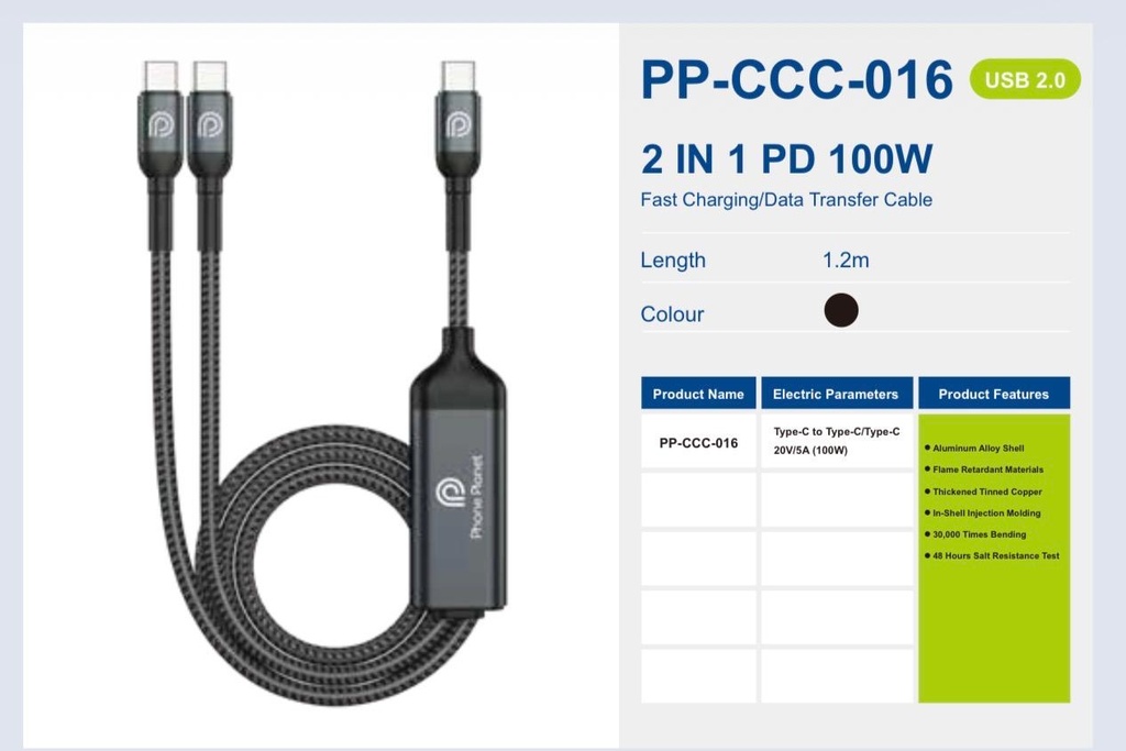 Phone Planet Braided Cable 2 IN 1 Fast Charge & Data Sync 100W Type-C to Type-C/Type-C