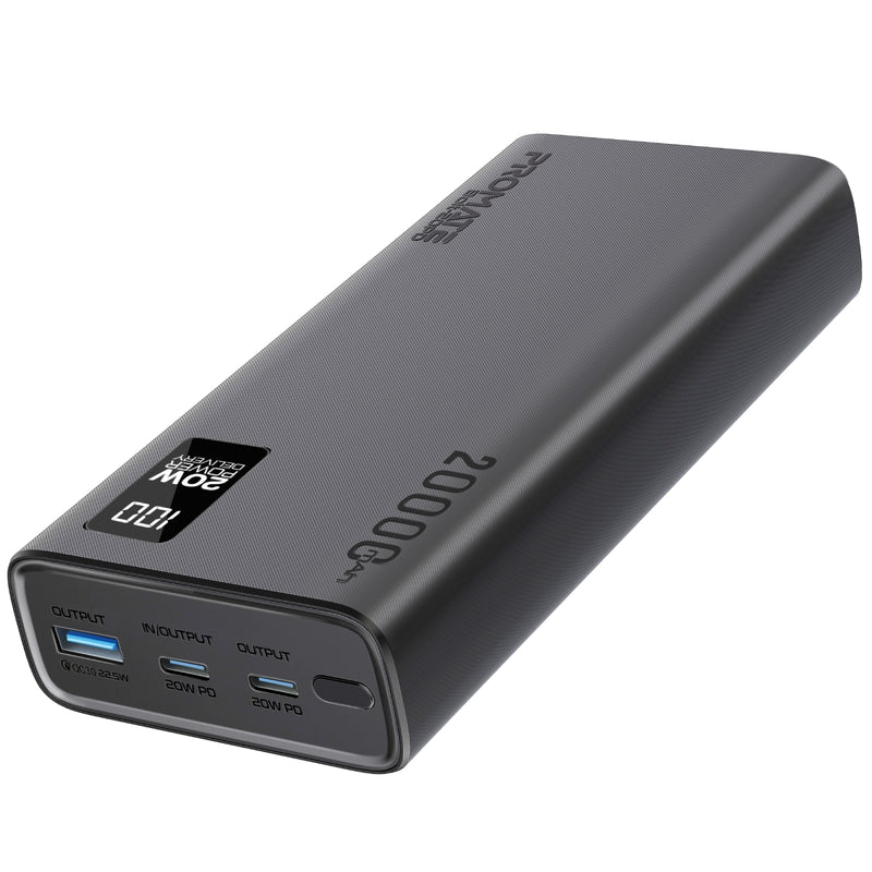 Promate 20W PD Dual USB-C and 22.5W USB-A Ports Power Bank 20000mAh (Black) 