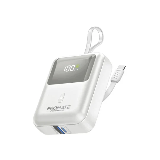 Promate 35W SuperSpeed™  with Built-In USB-C Cable Power Bank 10000mAh (White) 