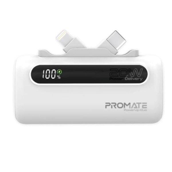 Promate Dual Folding USB-C & Lightning Power Bank 5000mAh (White)