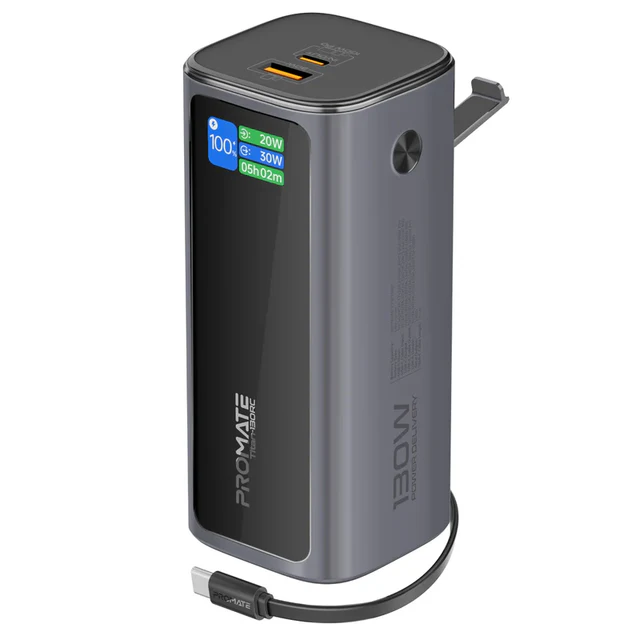 Promate Aluminum Crafted  With Retractable USB-C Cable 130W   & TFT LCD Screen Power Bank 20000mAh (Black)