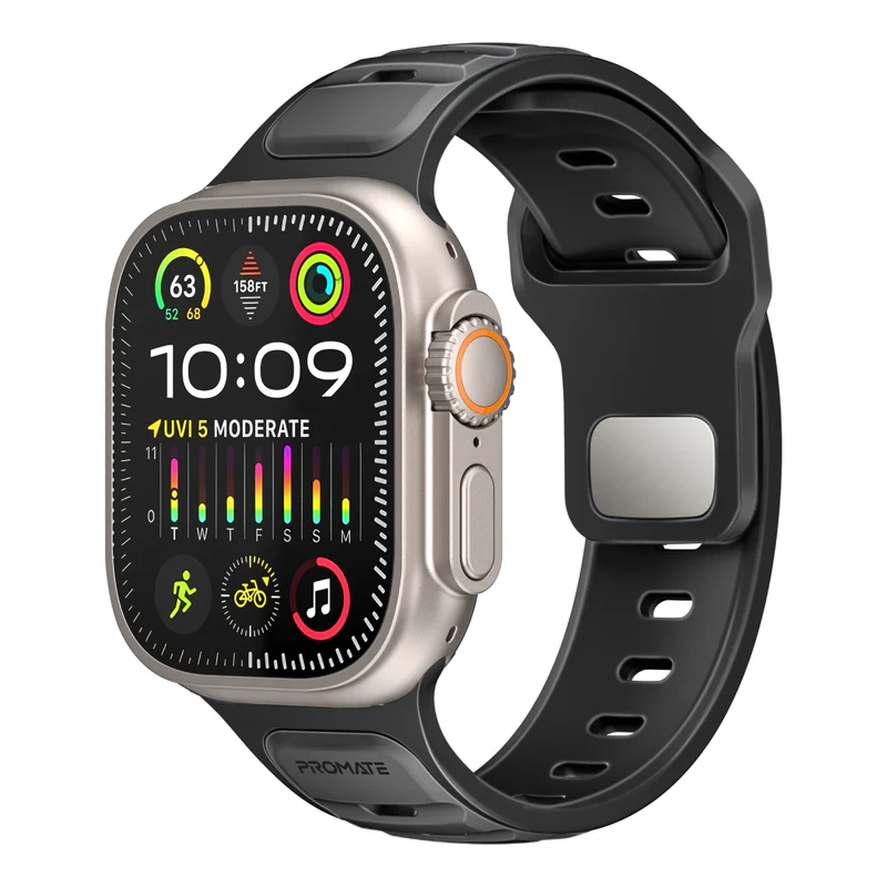 Promate Two-Tone Sport Silicone Band for Apple Watch 44/49mm (Black)