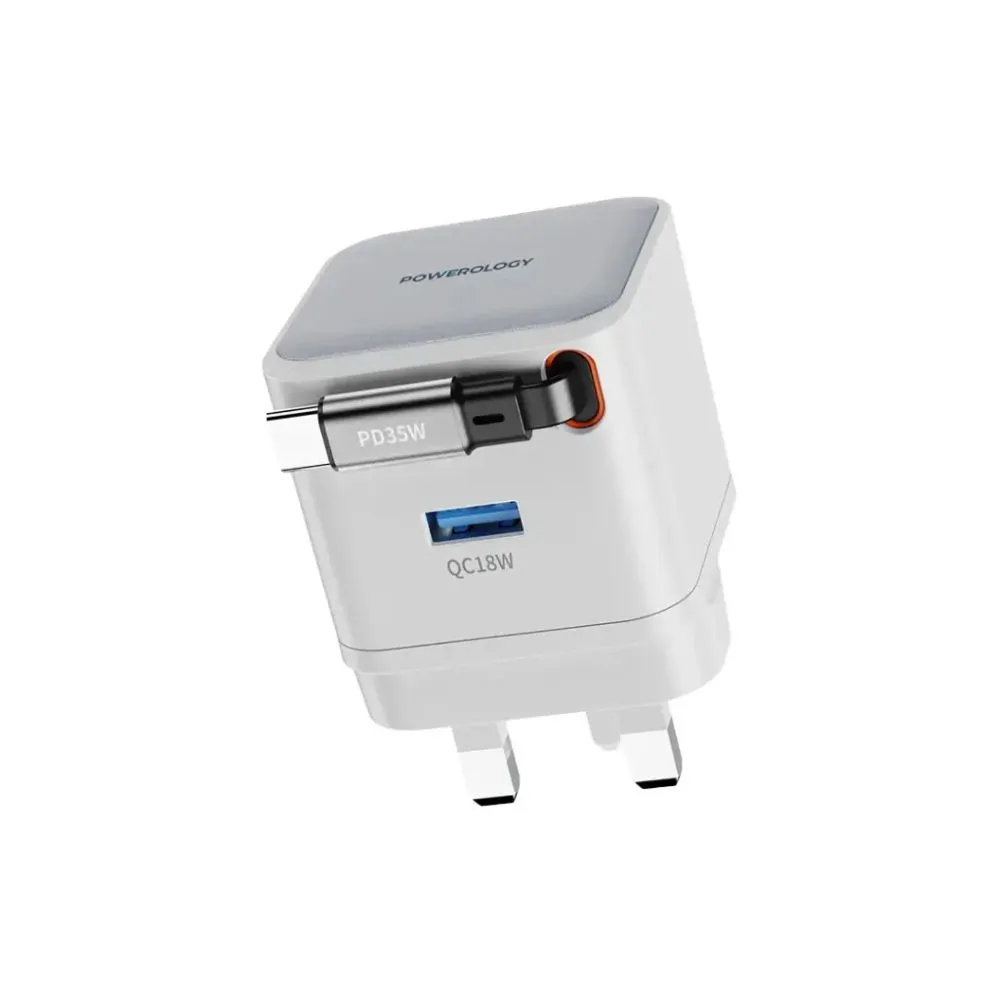 Powerology 35W Dual Port | Retractable GaN Charger 35W (White)