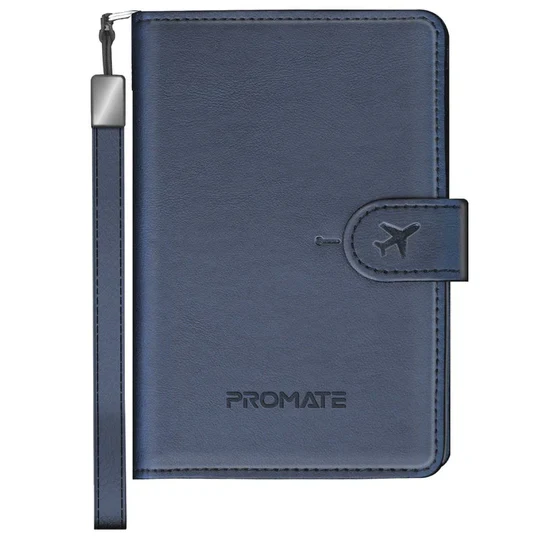 Promate Slim Leather Passport Holder with RFID Protection & Smart Tracking (Blue)