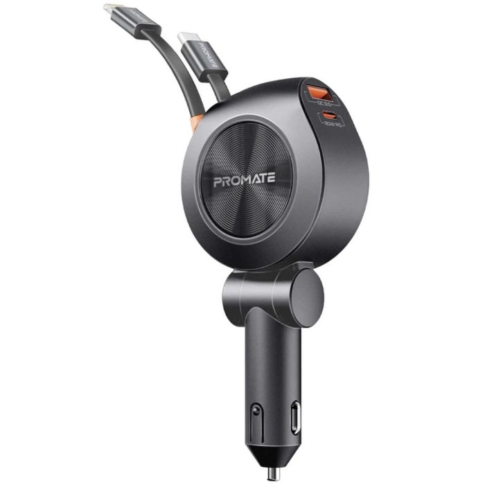 Promate Car Charger 88W Dual Retractable USB-C & Lightning Cables 80CM (Black)