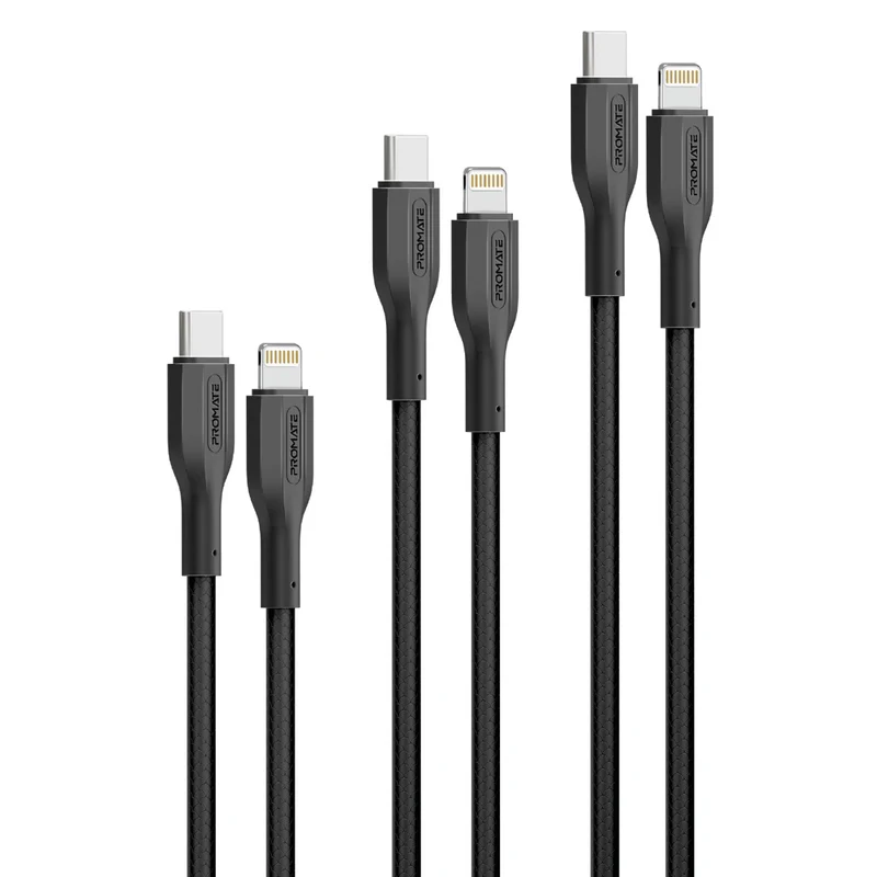 Promate Cable Kit 27W PD 3Pcs High Tensile Strength USB-C to Lightning (Black)