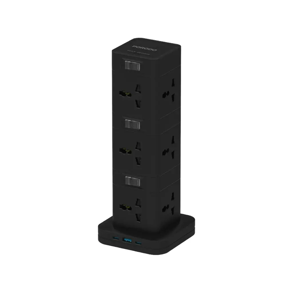 Porodo Three-Story 12AC Power Hub With USB-C PD & Quick Charge 3.0 (Black)