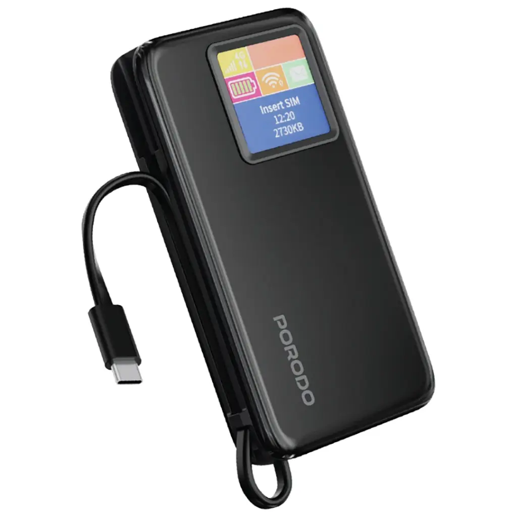 Porodo 4G LTE | WIFI 6 Pocket Router and 10000mAh Power Bank (Black)