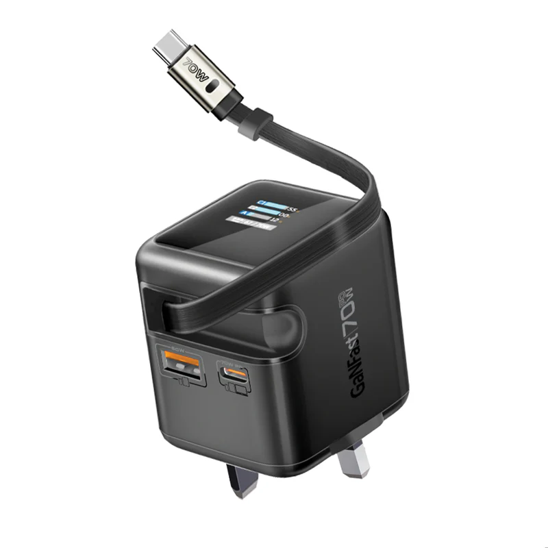   (أسود) شاحن حائط GaNFast™ بقدرة 70 واط مع كابل USB-C Promate 