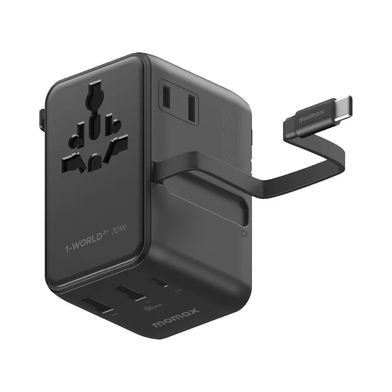 Momax 1-World²⁺ 70W 3-Port Dual AC Travel Adapter with Built-In Retractable Cable(Black)