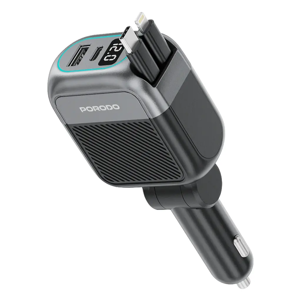شاحن سيارة Porodo Spider متعدد منافذ USB مع كابل USB-C إلى USB-C وLightning (أسود)