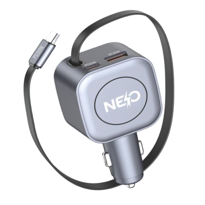 NEO Car Charger Auto Pulse 96W Retractable, 3 Ports 2PD  1USB-A (Gray)  