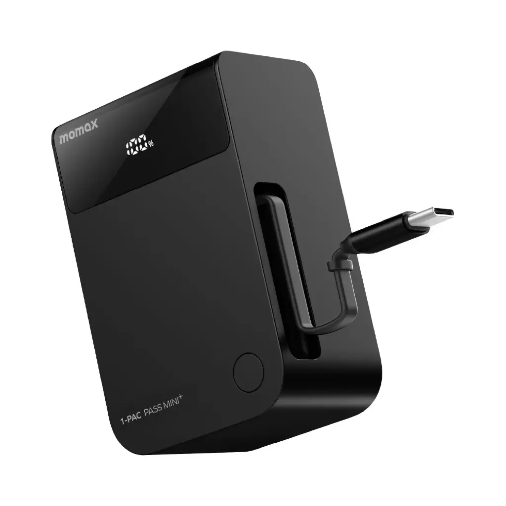 Momax 1-PAC Pass Mini+ 10000mAh 2 in 1 Battery Pack With Built-in Retractable Cable (Black)