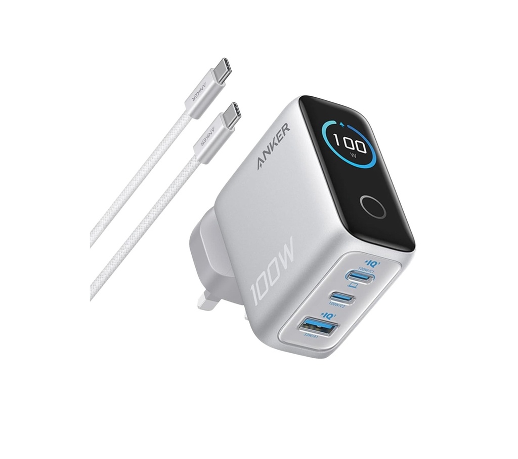 Anker Charger 100W, 3 Ports, Smart Display (Silver)