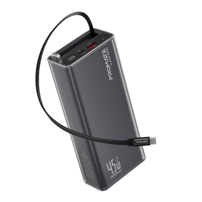 Promate Lucid Clear-Case Power Bank 45W PD w/ Retractable USB-C Cable 20000mAh (Black)
