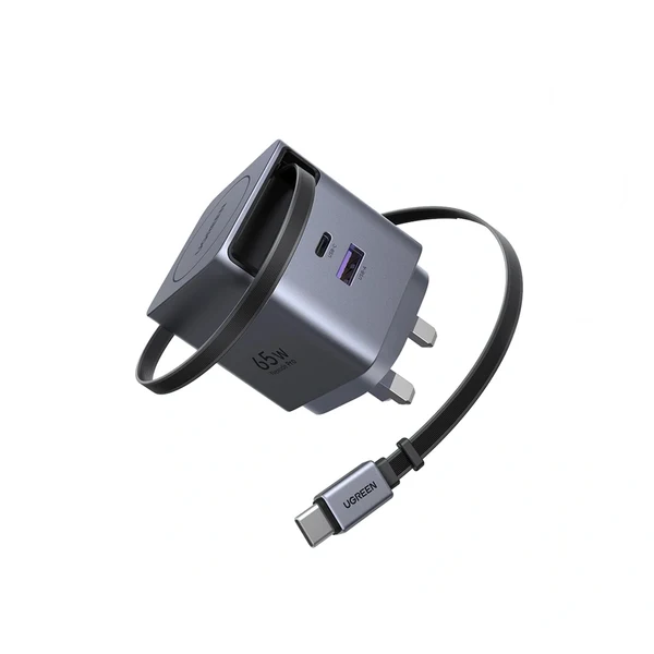 UGREEN 65W 2-Port GaN Fast Charger with Retractable Cable (Space Gray)