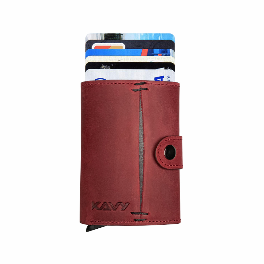 KAVY Credit Card Holder Leather Slim Wallet (Burgundy)