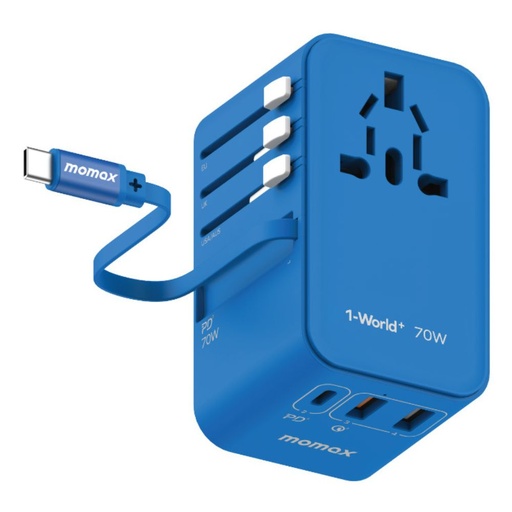 [UA18B] Momax 1-World+ 70W GaN 3-Port w /Built-in USB-C Cable + AC Travel Adaptor (Blue)