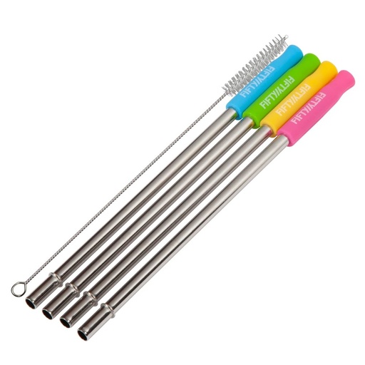 [A00000017] Fifty Fifty Stainless Steel Straws w/Silicone Tip & Cleaning Brush 4PK (Assorted)