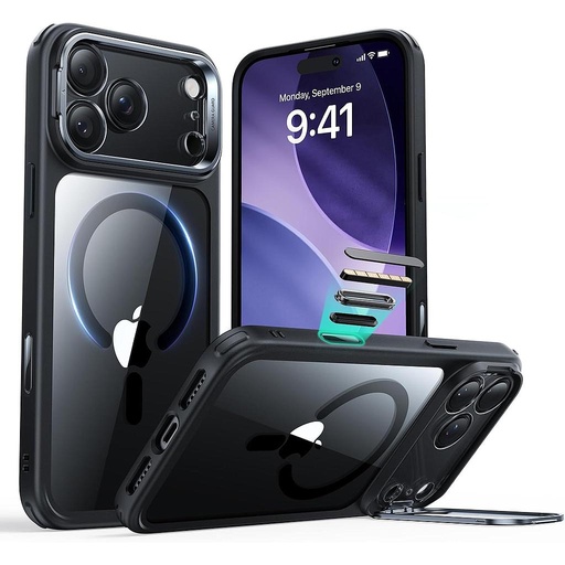 [1A867003] ESR HaloLock Classic Hybrid Case with Stash Stand for iPhone 17 Pro (Clear Black)