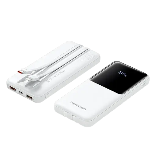 [FHOW0] Vention Power Bank 10000mAh with Built-in USB-C and Lightning Cables (White)