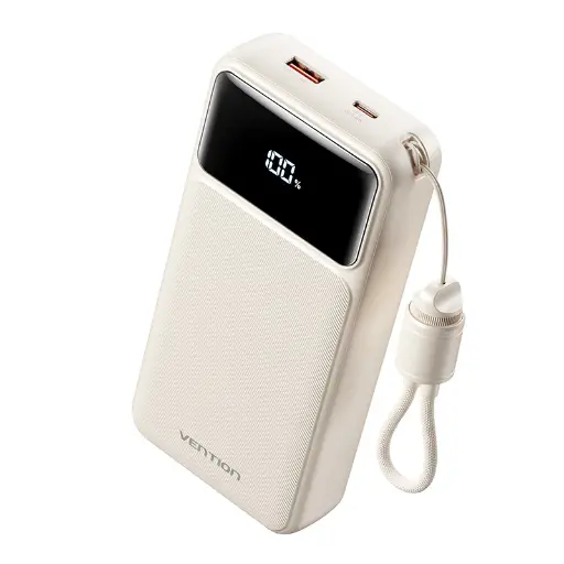 [FHPW0] Vention Power Bank 20000mAh with Built-in USB-C and Lightning Cables (White)
