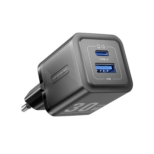 [TZ-FEQB0-UK-01] Vention 2-Port Wall Charger USB (C + A) 30W/30W with USB-C to USB-C Cable 1M (Black)