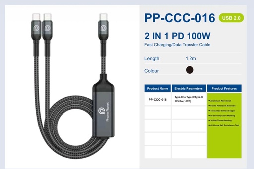 [PP-CCC-016-120] Phone Planet Braided Cable 2 IN 1 Fast Charge & Data Sync 100W Type-C to Type-C/Type-C