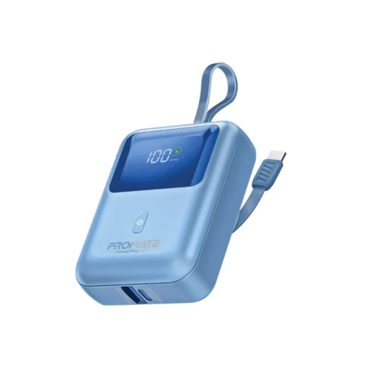 [POWERPOD-10.BLUE] بروميت باور بنك  بسعة 10000 مع تقنية شحن سريع  بقدرة 35 واط وكابل يو اس بي سي  مدمج (ازرق)