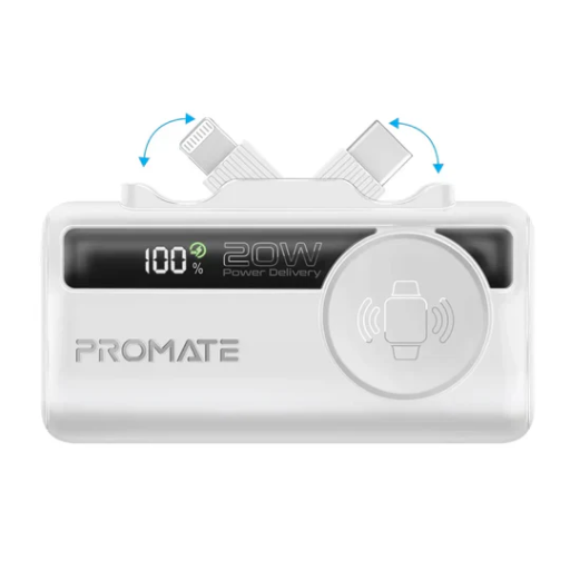 [PowerUp-Trio.White] Promate Dual Folding USB-C  &  Lightning with Apple Watch Charge  Power Bank 5000mAh (White)