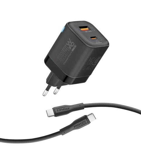 [POWERPORT-25CC.Black.UK] Promate 25W PD Adapter Combo Dual Port with 60W USB-C Cable (Black)